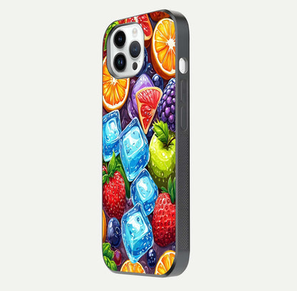 Colorful Fruits with Ice Glass Case for iPhone 14 Pro side-angle photo showing curve gloss and vivid tones