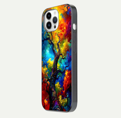 Colorful Tree Glass Case for iPhone 14 Pro side-angle image showing curve reflection and fine print texture