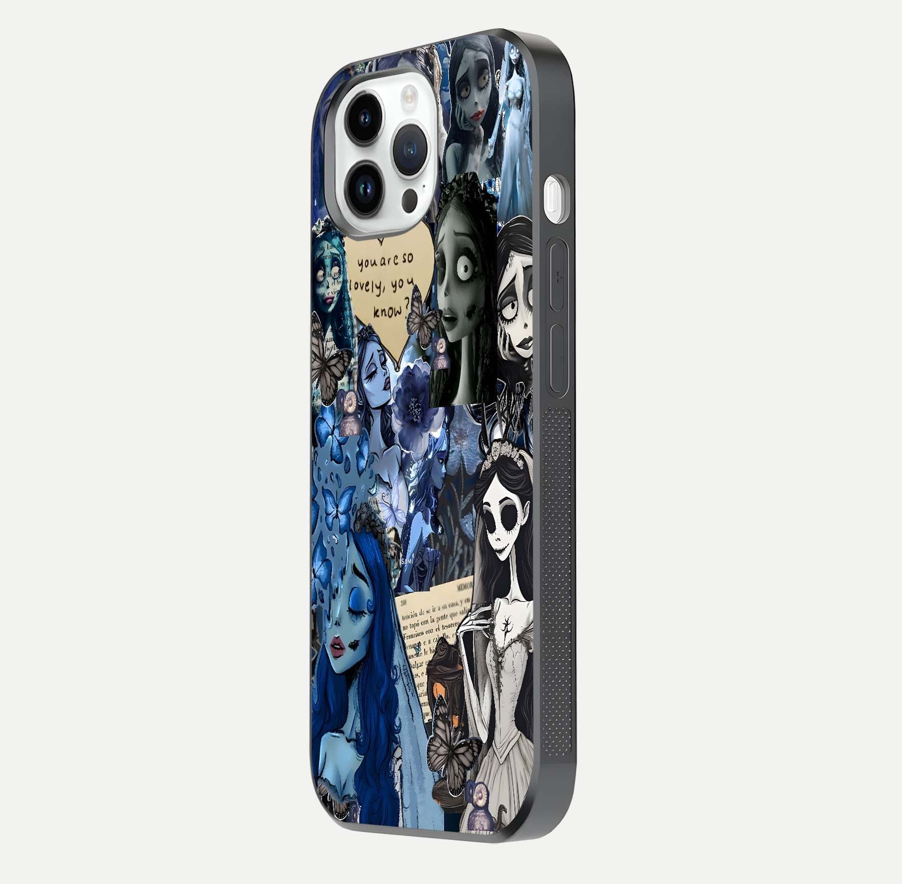 Corpse Bride Posters Glass Case for iPhone 14 Pro side-angle image capturing gloss reflection and smooth edge