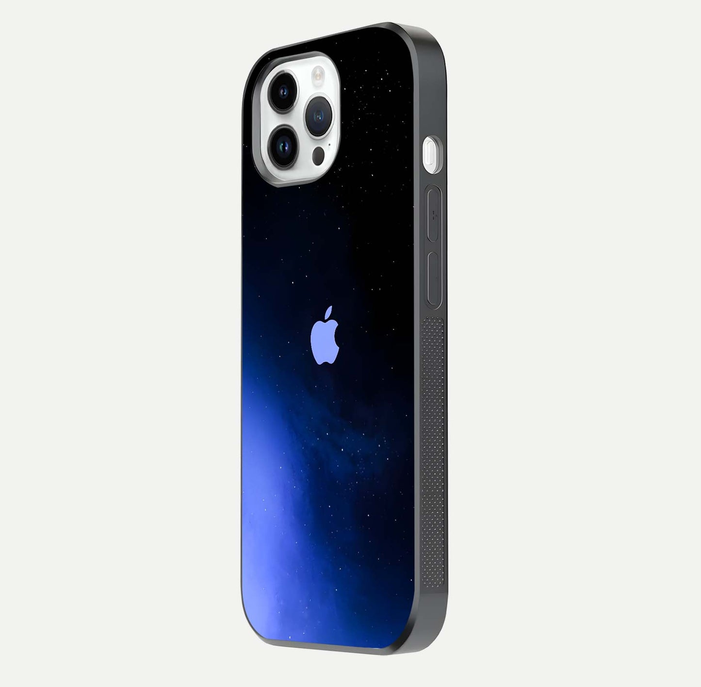 Cosmic Blue Apple Glass Case for iPhone 14 Pro side-angle image showing curve polish and star detail