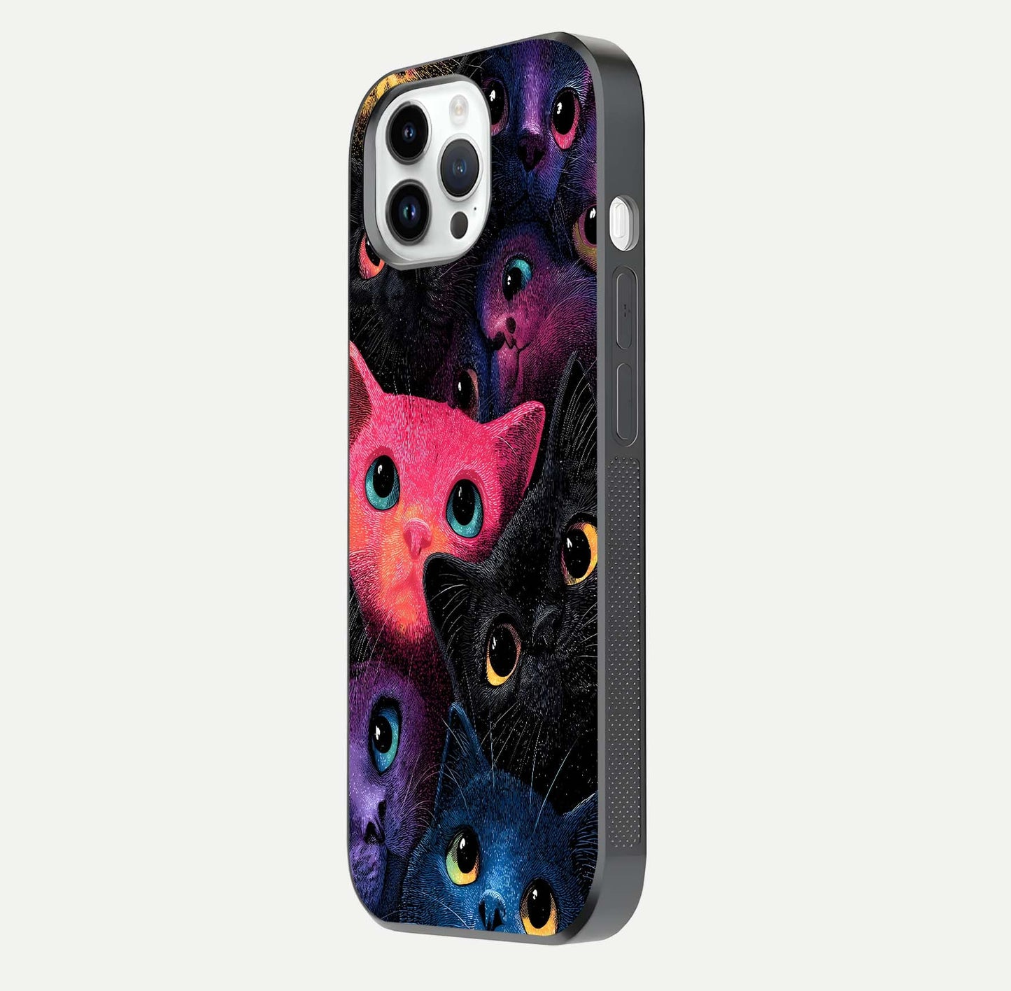 Cosmic Cats Dreams Glass Case for iPhone 14 Pro side-angle photo showing edge gloss and color depth