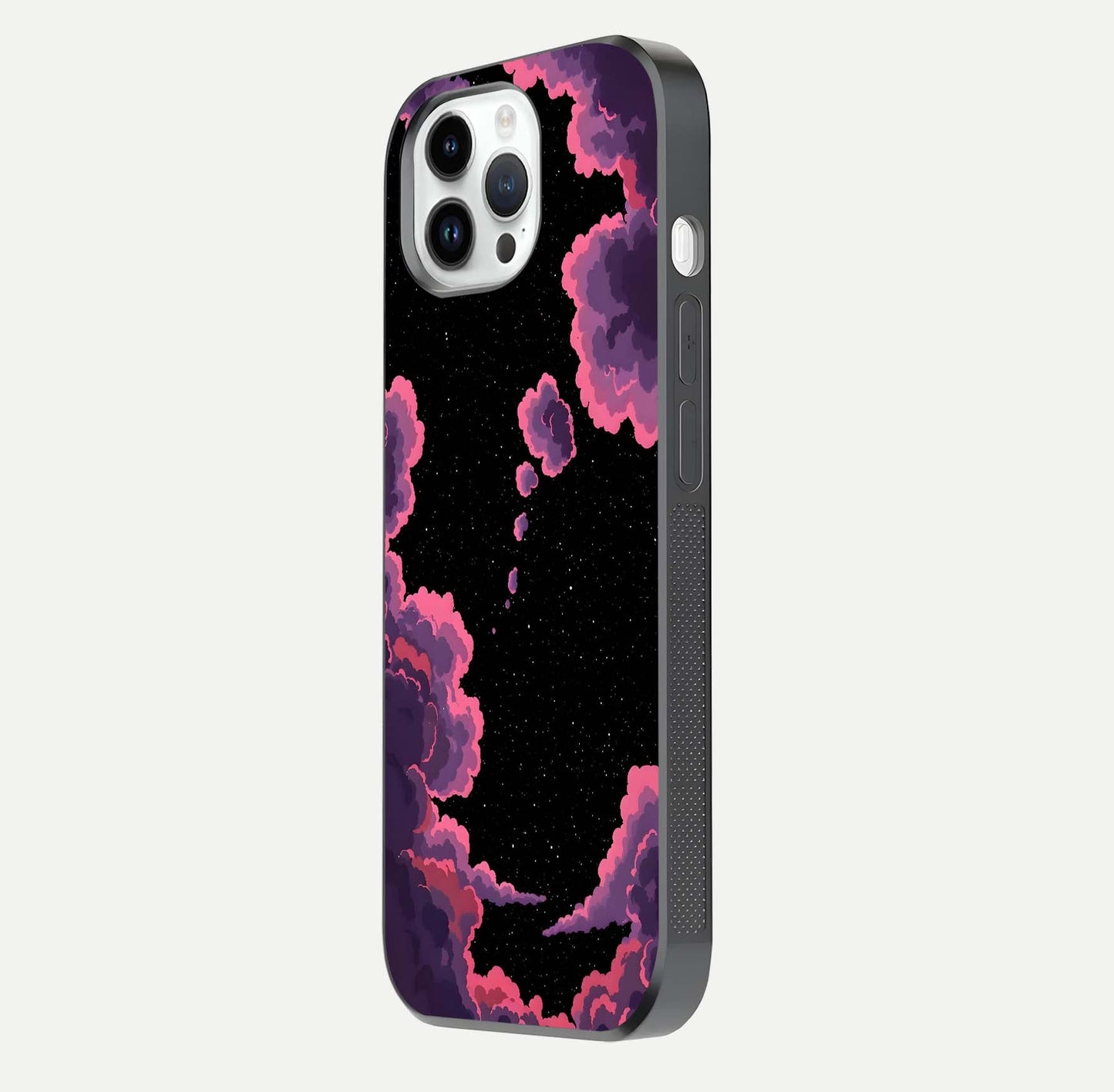 Cosmic Cloud Journey Glass Case for iPhone 14 Pro side-angle photo showing glass reflection and smooth tone