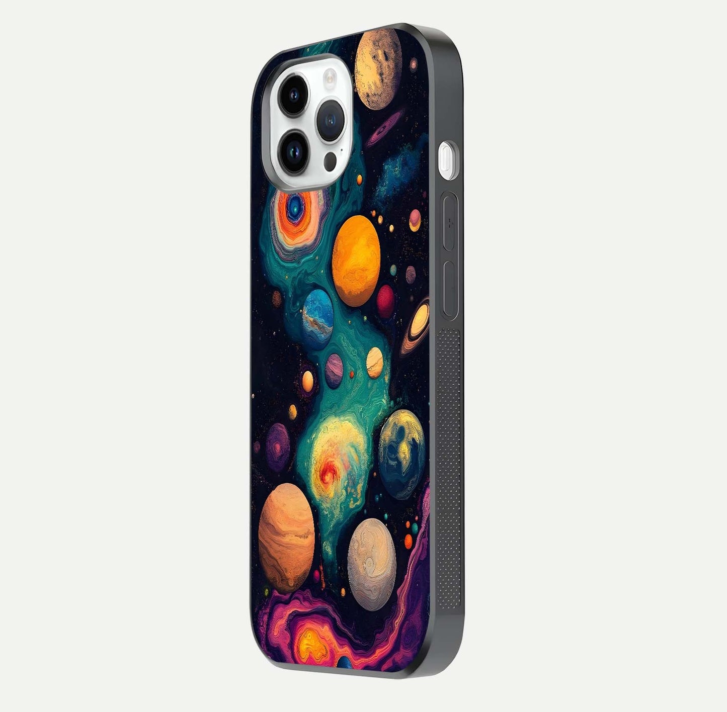 Cosmic Planet Journey Glass Case for iPhone 14 Pro side-angle image capturing smooth gloss and reflective edges
