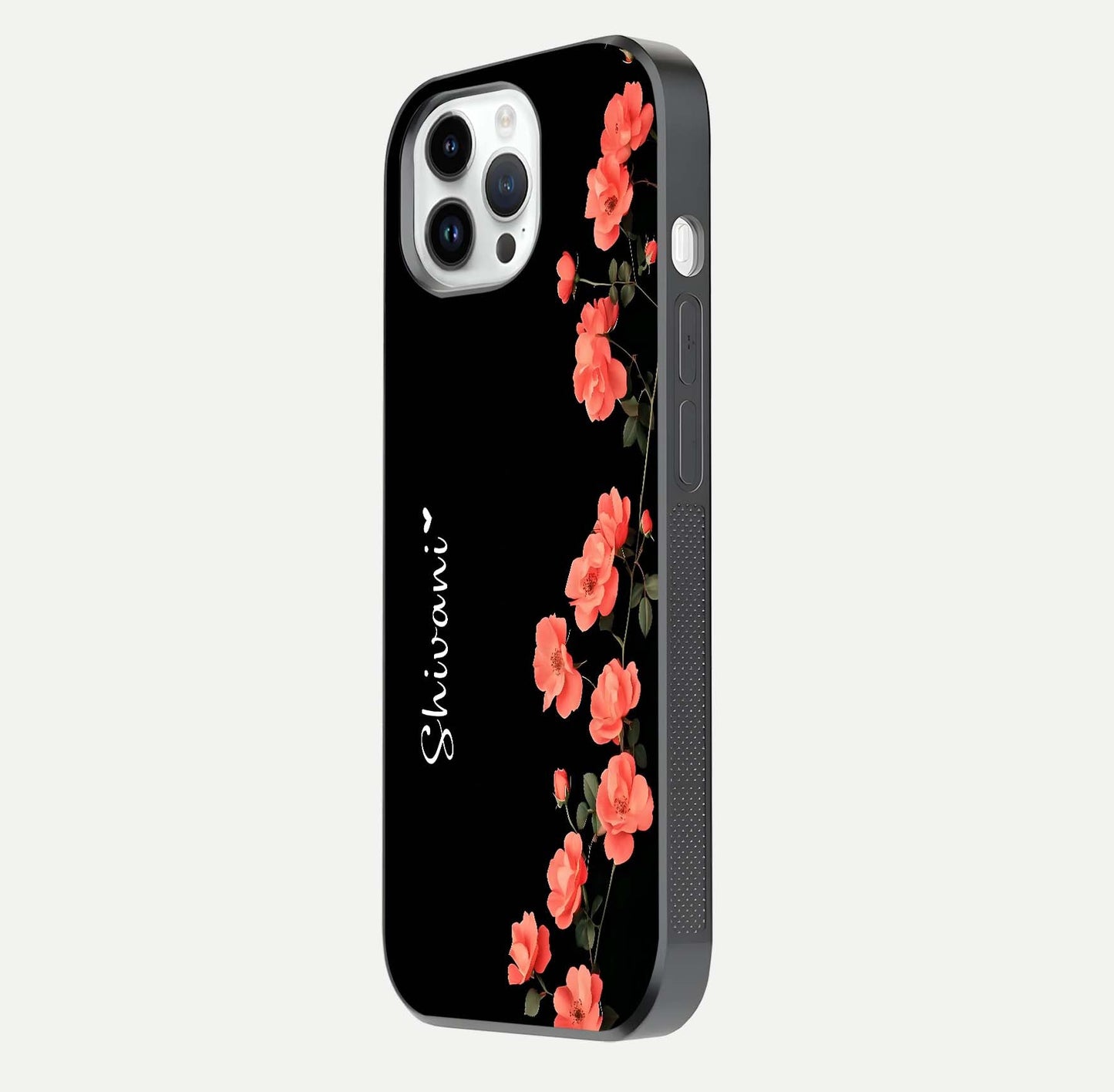 Crimson Bloom Grace Custom Name Glass Case for iPhone 14 Pro side-angle photo capturing edge glow and name clarity