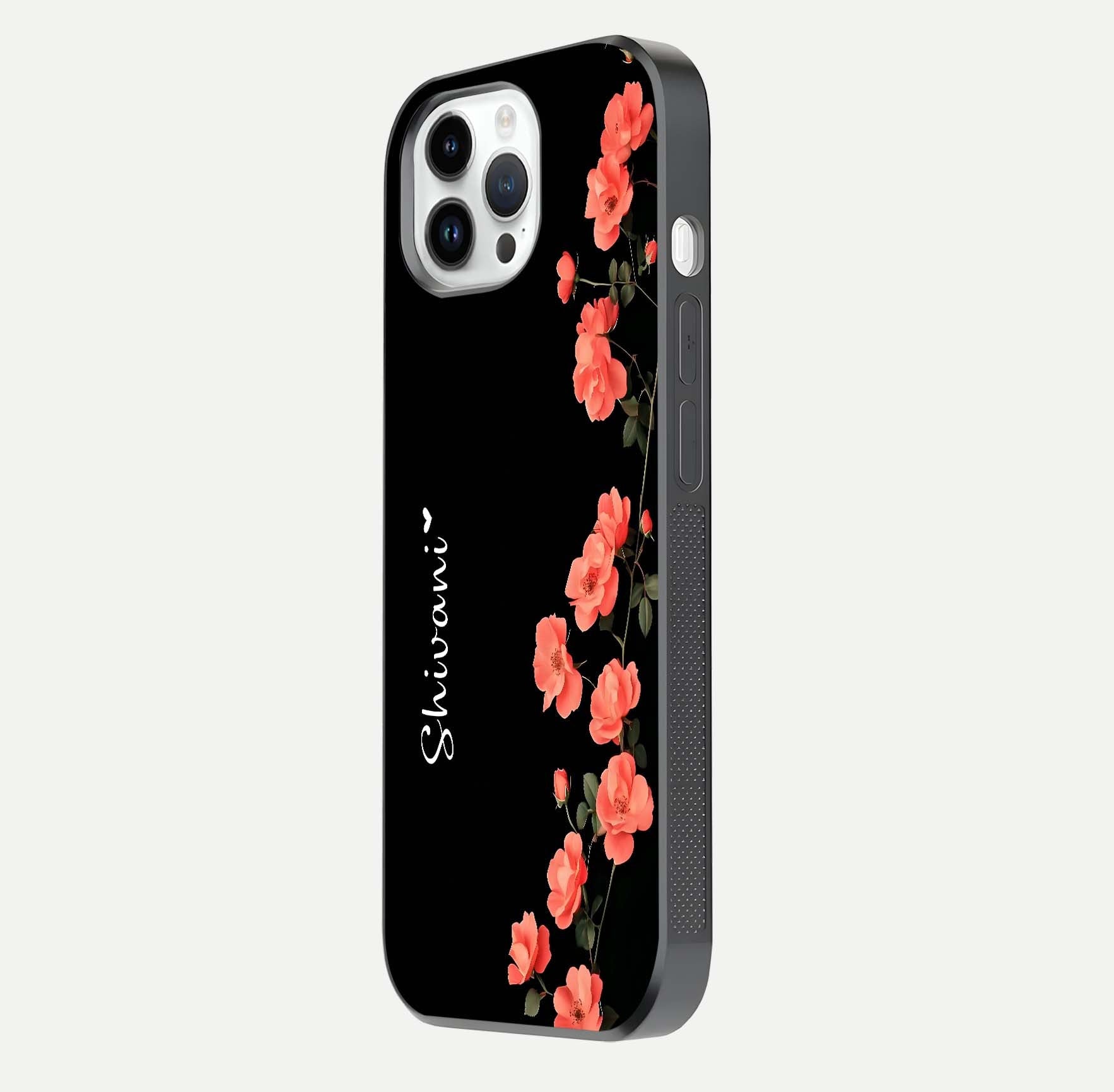 Crimson Bloom Grace Custom Name Glass Case for iPhone 14 Pro side-angle photo capturing edge glow and name clarity