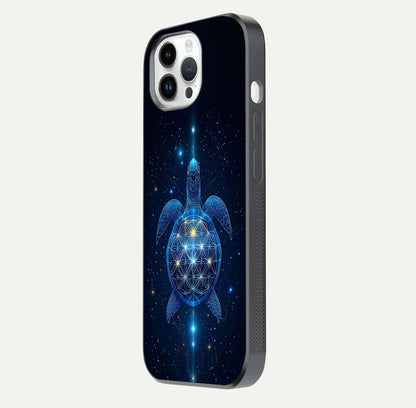Crimson Blue Turtle Glass Case for iPhone 14 Pro side-angle photo showing curved edge and glass gloss