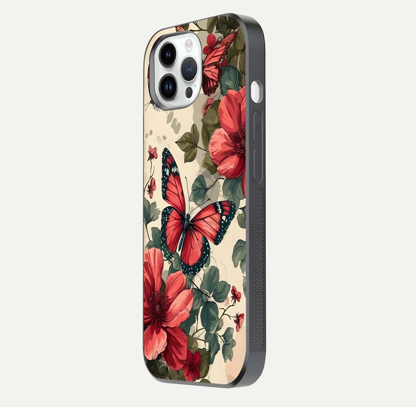 Crimson Butterfly Garden Glass Case for iPhone 14 Pro side-angle photo capturing gloss texture and soft tone
