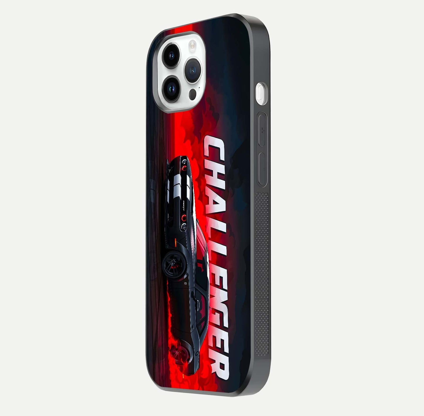Crimson Challenger Fury Glass Case for iPhone 14 Pro side-angle image showing curve reflection and red finish