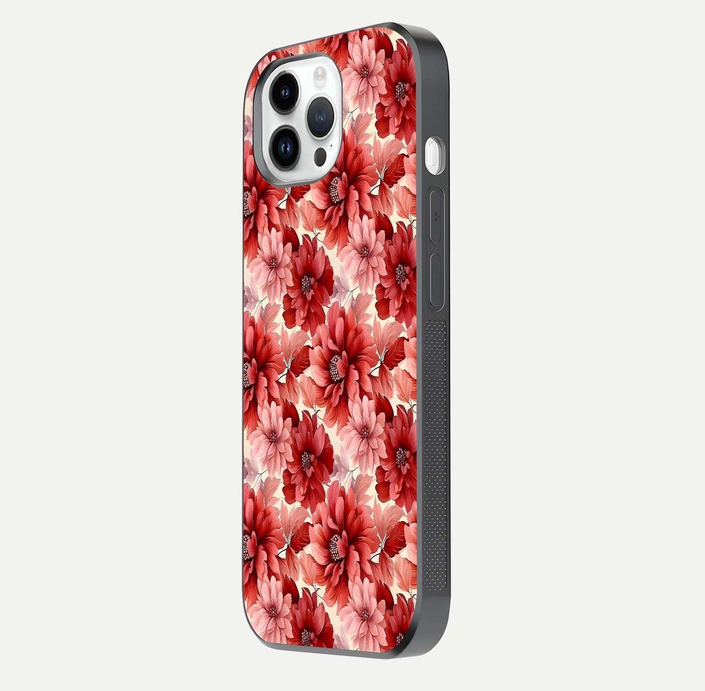 Crimson Love Petals Glass Case for iPhone 14 Pro side-angle photo showing reflection glow and edge clarity