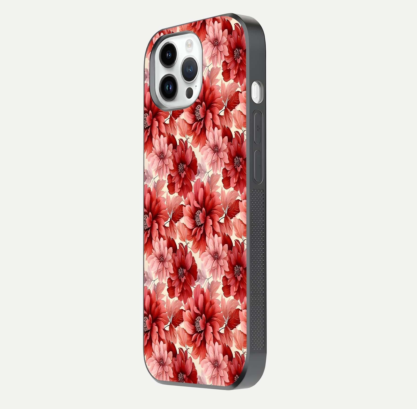 Crimson Love Petals Glass Case for iPhone 14 Pro side-angle photo showing reflection glow and edge clarity