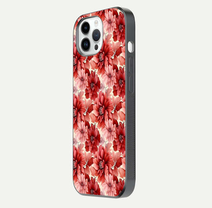 Crimson Love Petals Glass Case for iPhone 14 Pro side-angle photo showing reflection glow and edge clarity