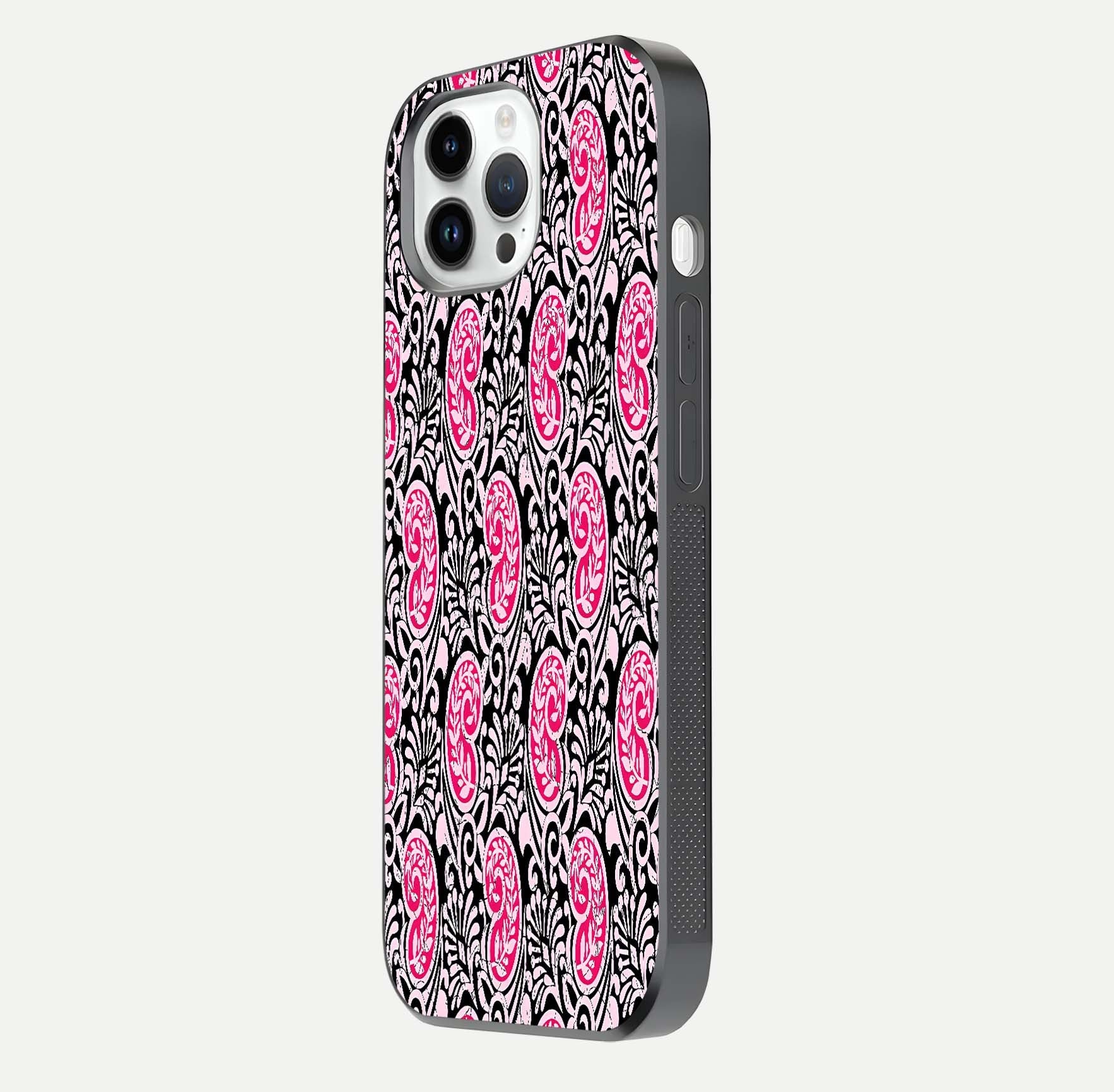 Crimson Paisley Charm Glass Case for iPhone 14 Pro side-angle image showing reflection and smooth edges