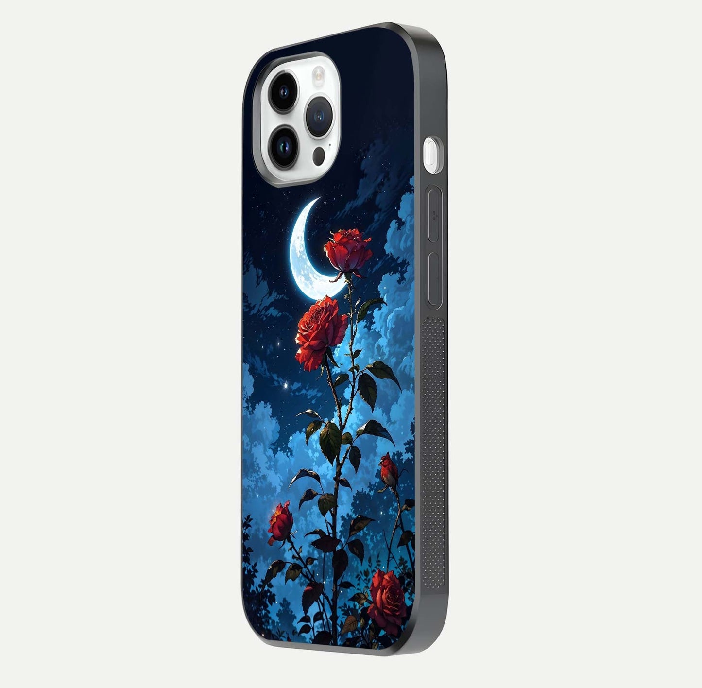 Crimson Rose Moon Glass Case for iPhone 14 Pro side-angle photo showing reflective texture and smooth curve