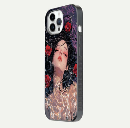 Crimson Rose Serenity Glass Case for iPhone 14 Pro side-angle photo showing glass reflection and soft edges