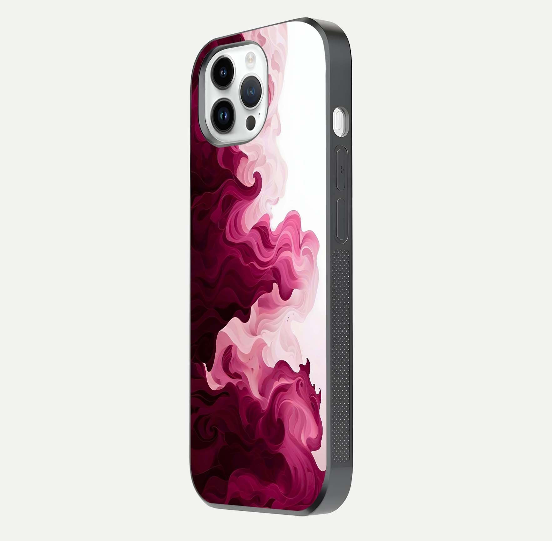 Crimson Wave Flow Glass Case for iPhone 14 Pro side-angle photo showing reflection glow and HD finish