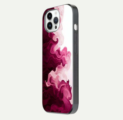Crimson Wave Flow Glass Case for iPhone 14 Pro side-angle photo showing reflection glow and HD finish