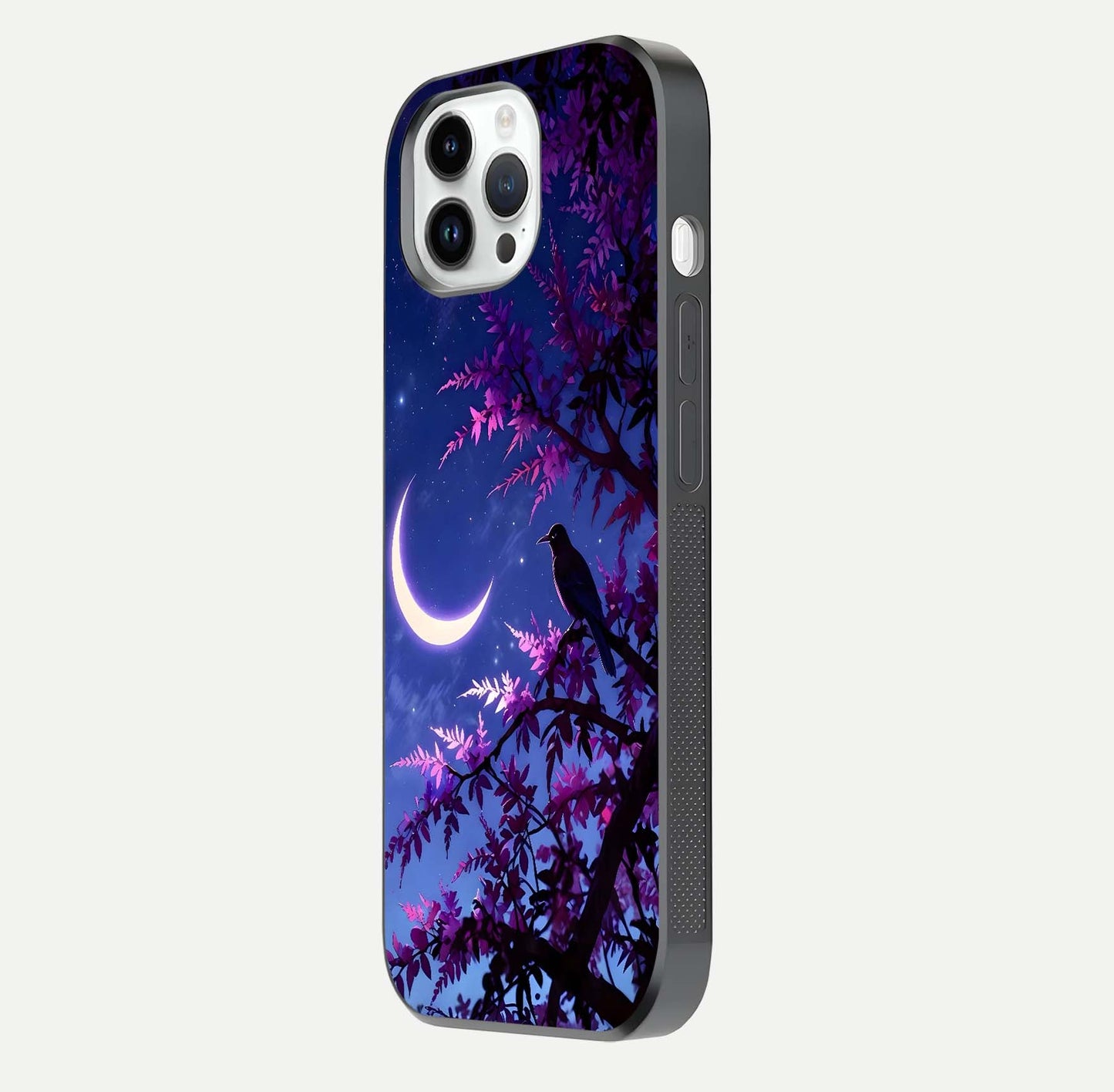 Crow & Moon Scenery Glass Case for iPhone 14 Pro side-angle photo capturing glossy shine and artistic contrast