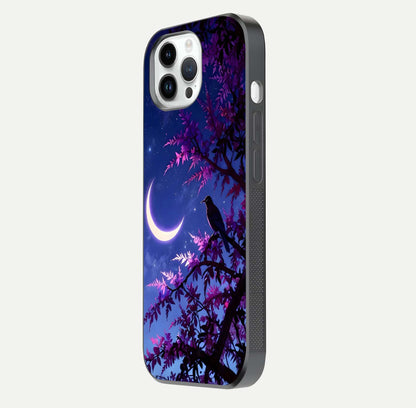 Crow & Moon Scenery Glass Case for iPhone 14 Pro side-angle photo capturing glossy shine and artistic contrast