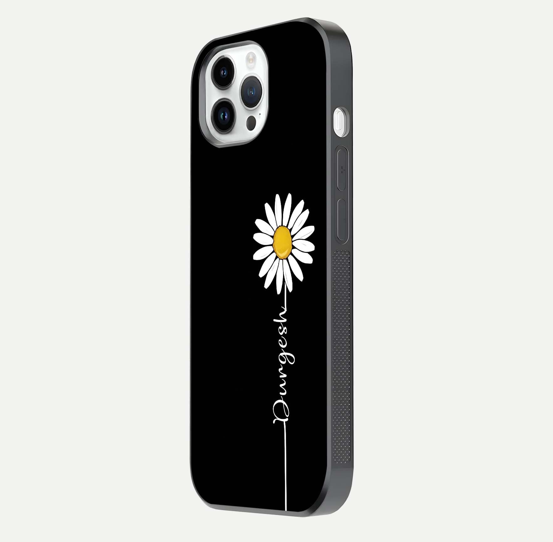 Custom Name White Flower Glass Case for iPhone 14 Pro side-angle photo showing reflection shine and name clarity
