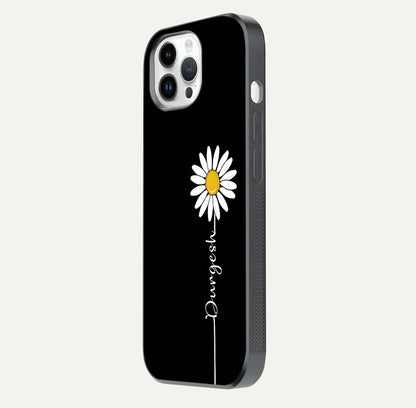Custom Name White Flower Glass Case for iPhone 14 Pro side-angle photo showing reflection shine and name clarity