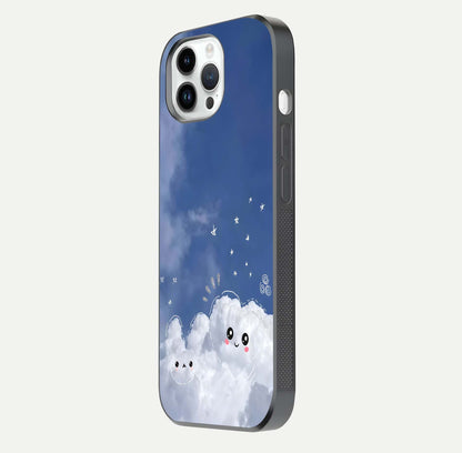 Cute Blossom Cloud Glass Case for iPhone 14 Pro side-angle image capturing gloss texture and curve reflection