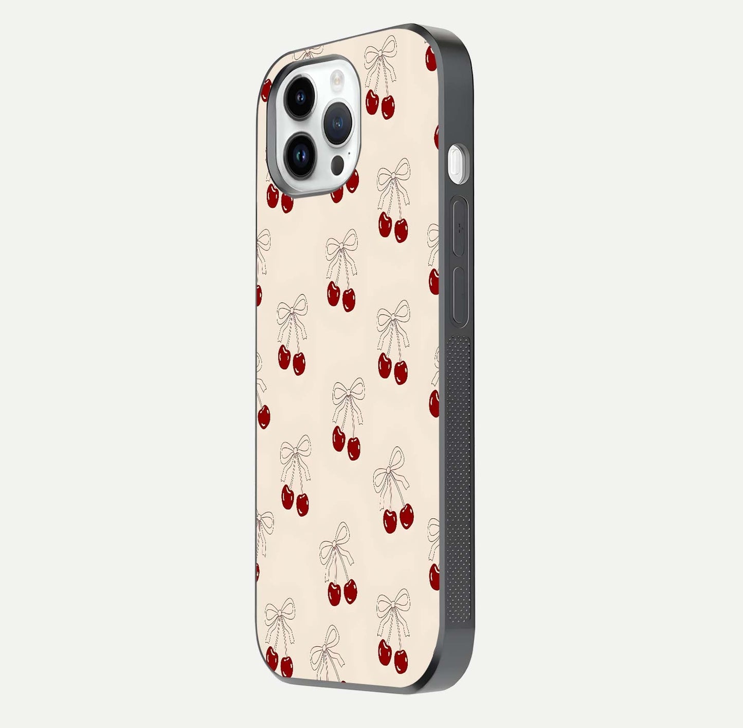 Cute Cherry Pattern Glass Case for iPhone 14 Pro side-angle photo highlighting gloss curve and pattern clarity
