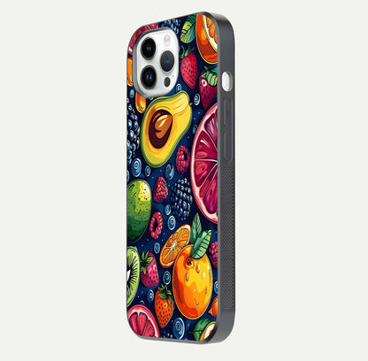 Cute Fruits Art Glass Case for iPhone 14 Pro side-angle photo showing reflective finish and smooth edges