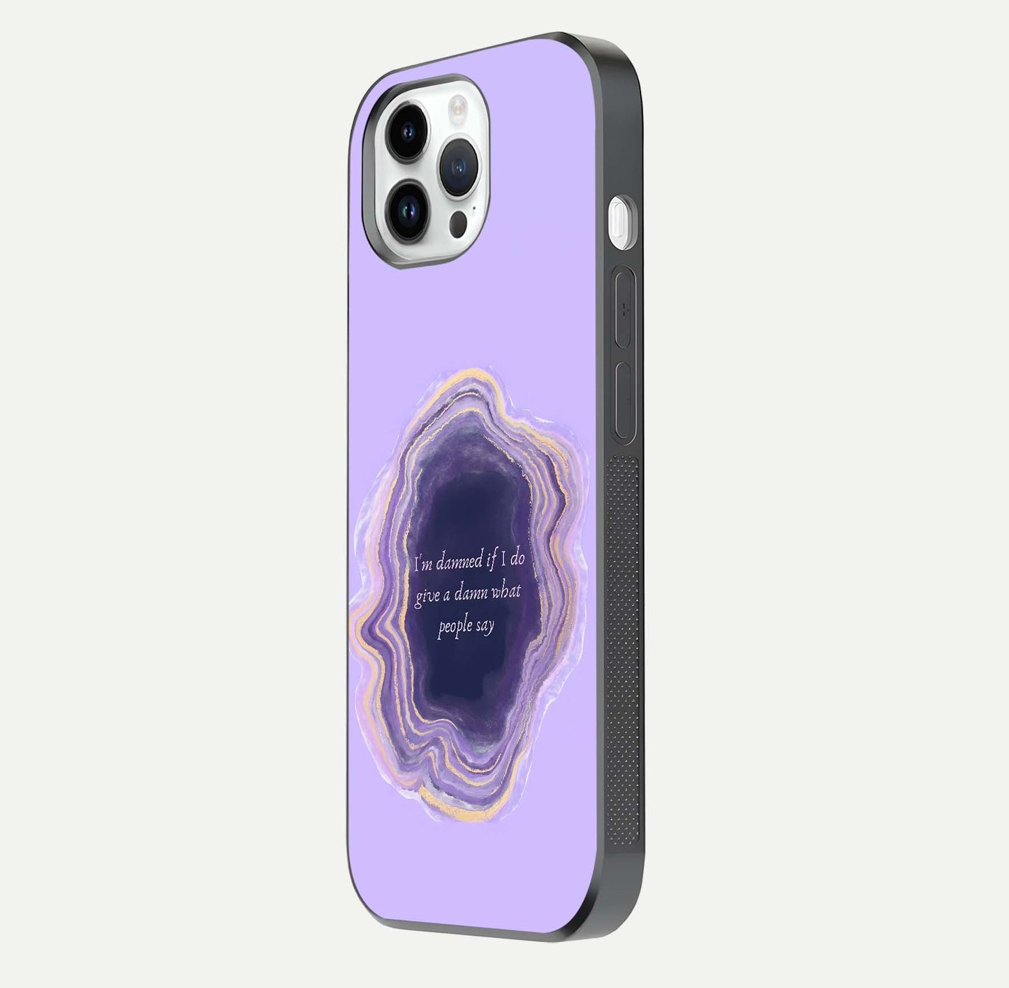 Damned People Quote Glass Case for iPhone 14 Pro side-angle image showing light shine and smooth edges