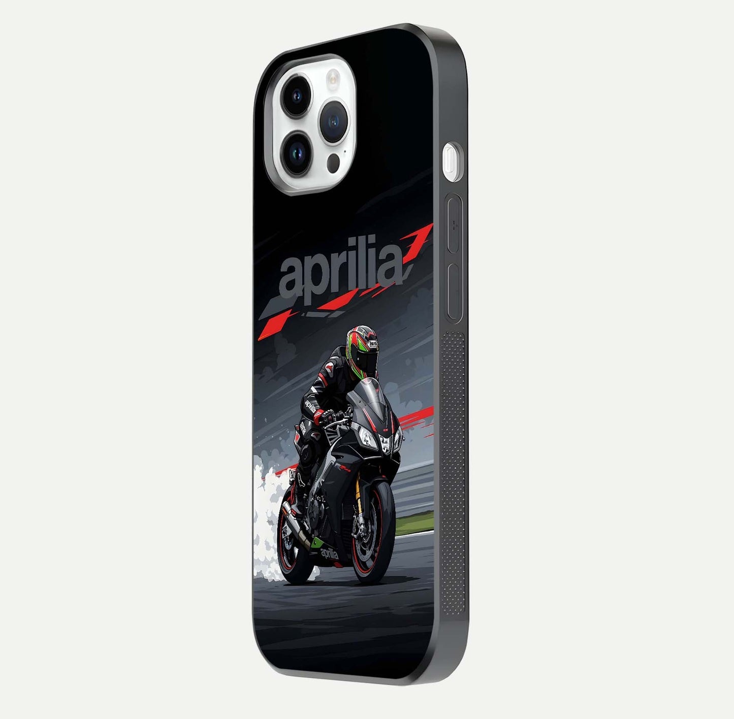 Dark Aprilla Glass Case for iPhone 14 Pro side-angle photo showing reflection gloss and curved edge finish