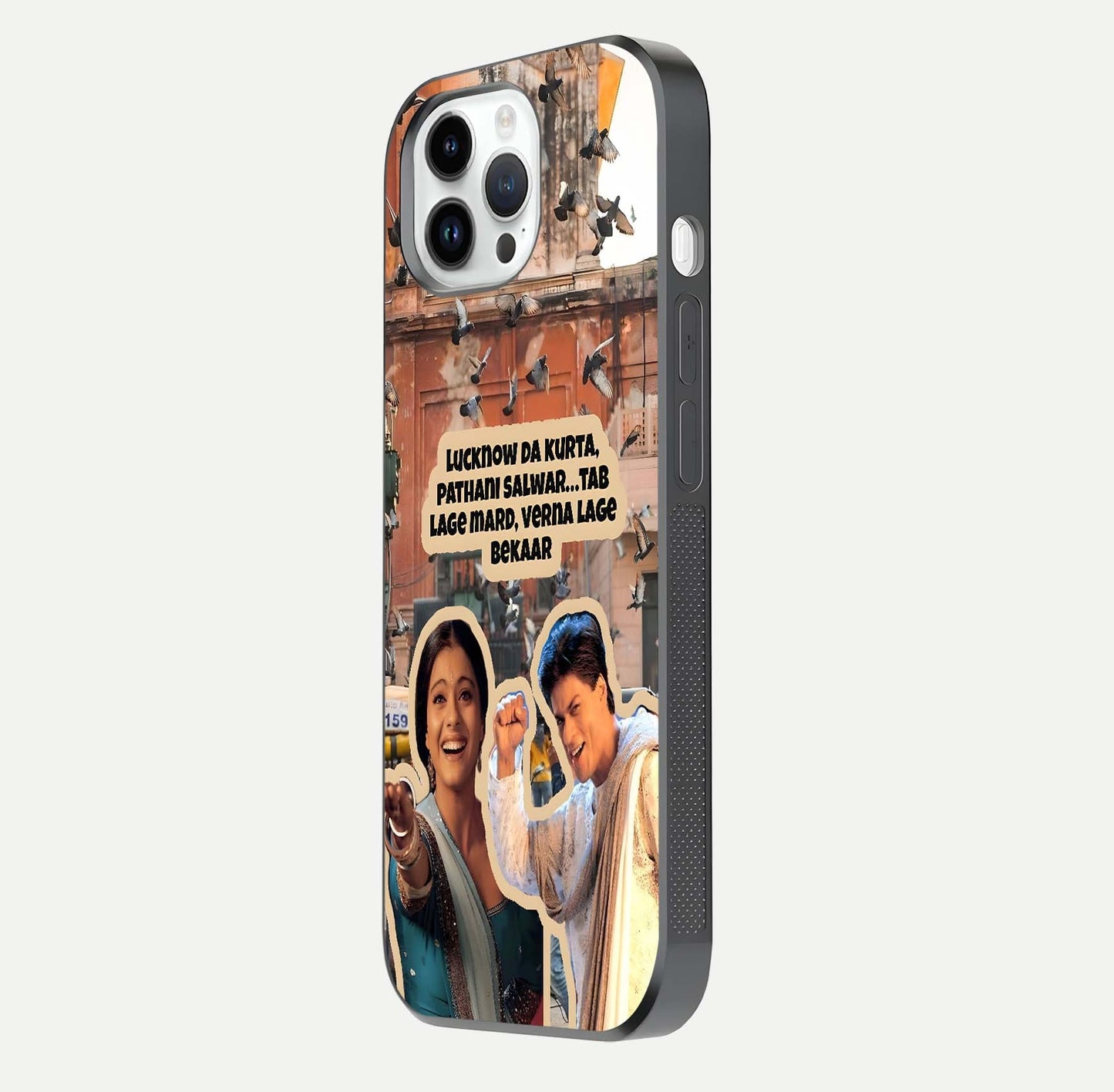 Desi Retro Vibes Glass Case for iPhone 14 Pro side-angle image displaying gloss texture and bold pattern