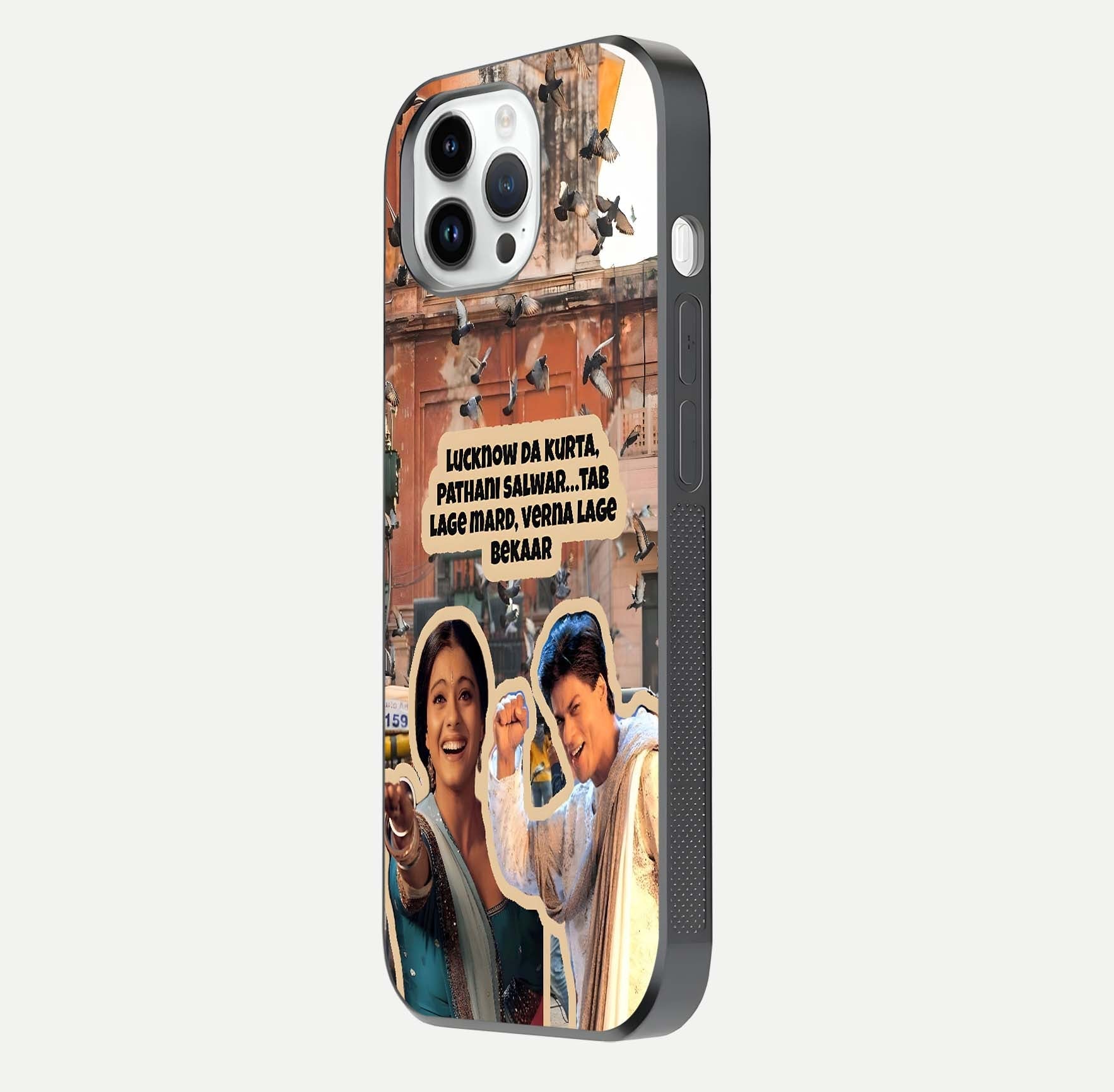 Desi Retro Vibes Glass Case for iPhone 14 Pro side-angle image displaying gloss texture and bold pattern