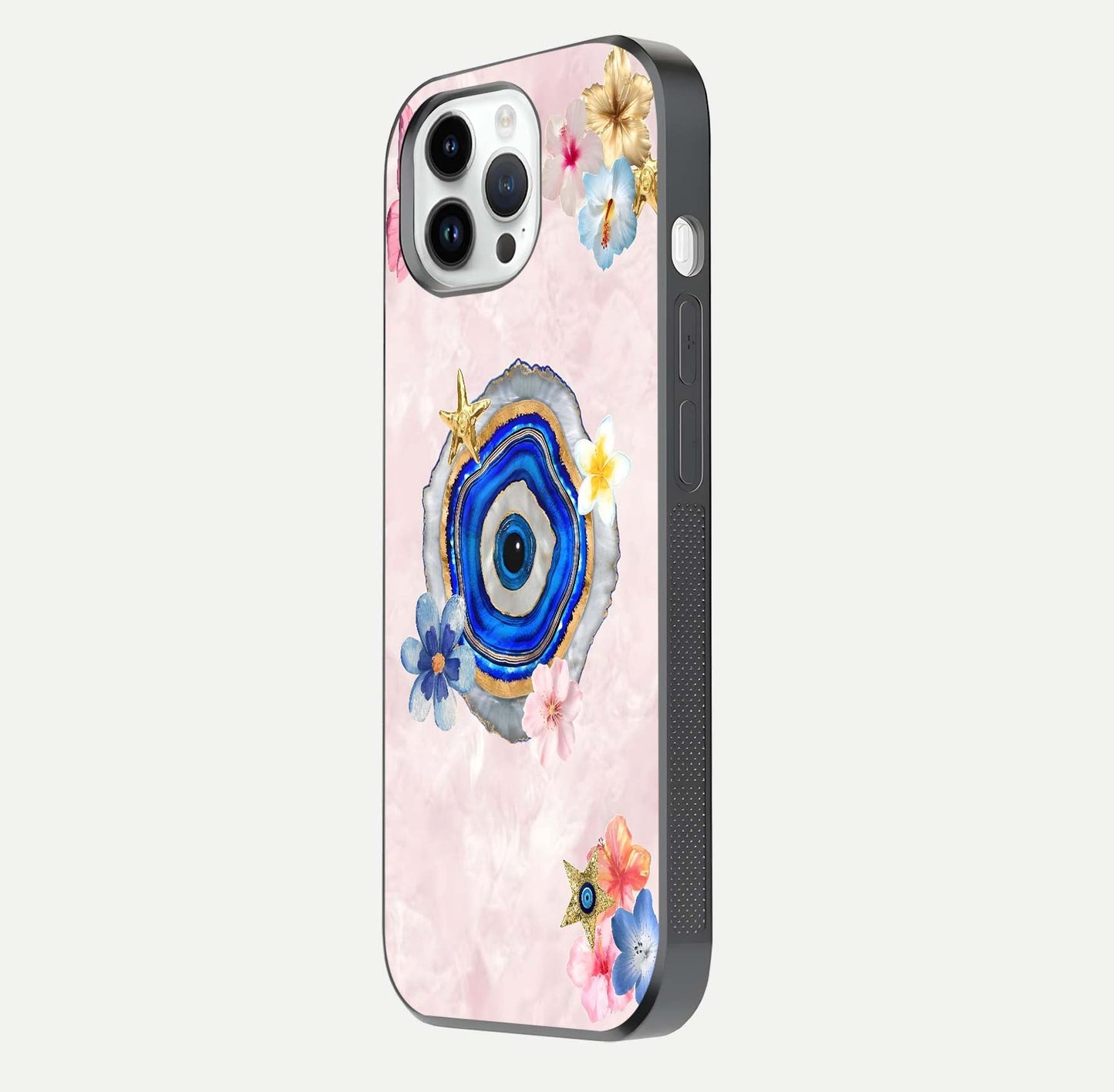 Divine Aura Bloom Glass Case for iPhone 14 Pro side-angle photo capturing reflection glow and premium polish