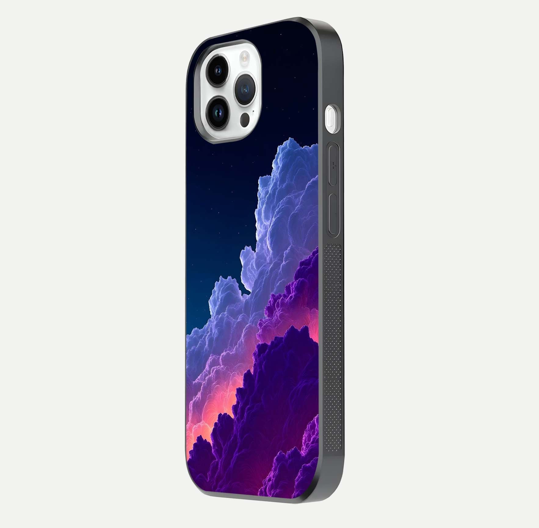 Dreamy Cloud Skies Glass Case for iPhone 14 Pro side-angle image showing reflection clarity and polish