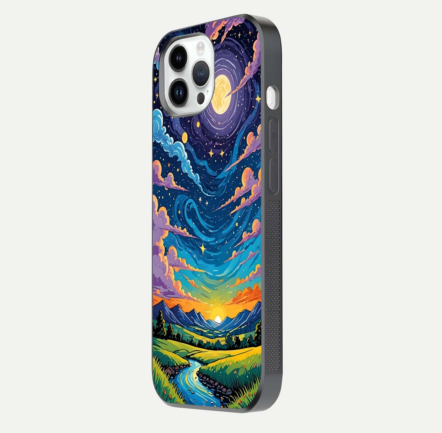 Dreamy Night Landscape Glass Case for iPhone 14 Pro side-angle photo capturing reflection glow and edge detail