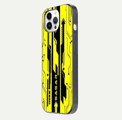Electric Pulse CYBERPUNK Custom Name Glass Case for iPhone 14 Pro side-angle image showing glossy reflection and edge illumination
