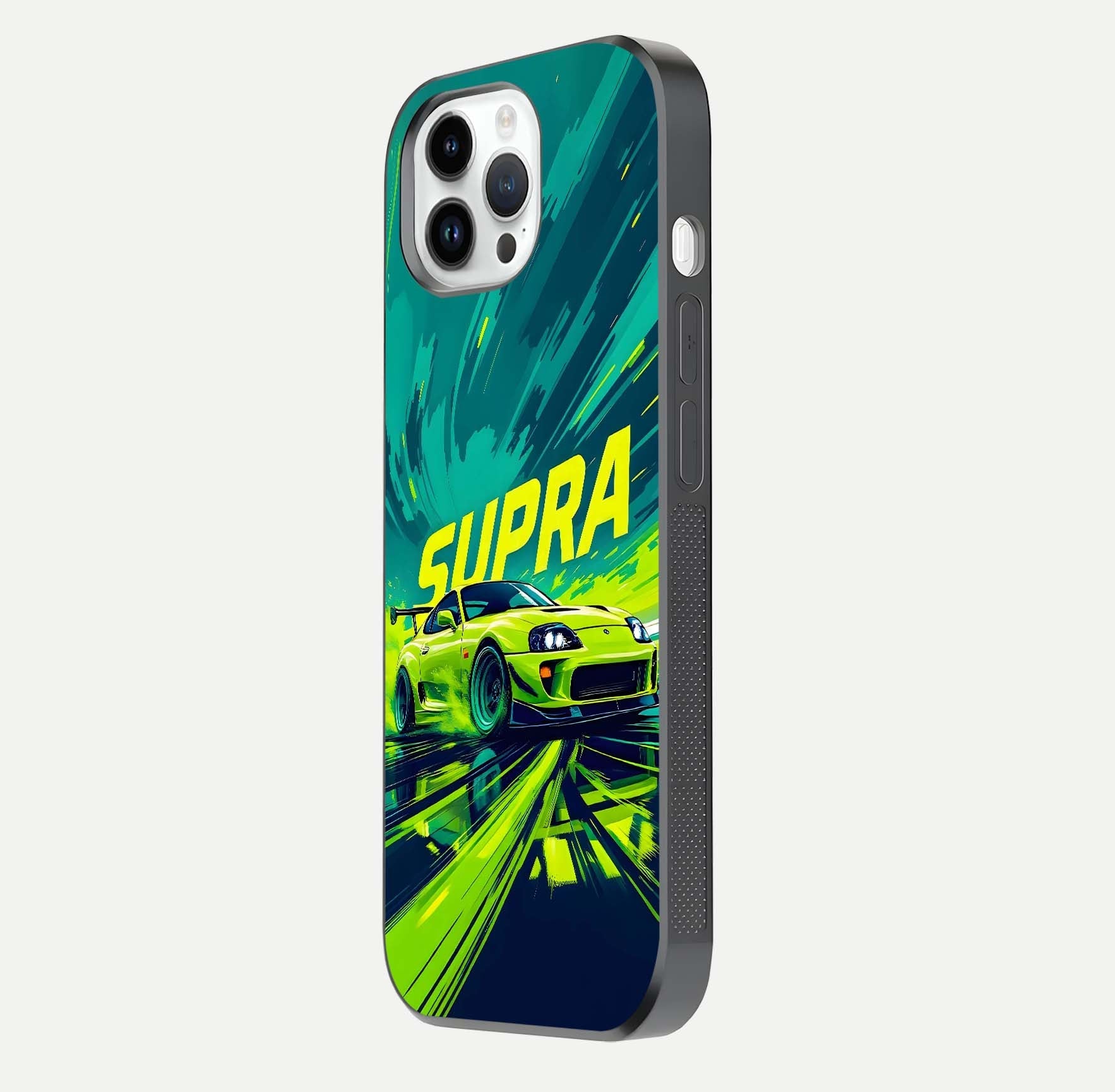 Electric Supra Thunder Glass Case for iPhone 14 Pro side-angle photo showing sleek car outline and reflective shine