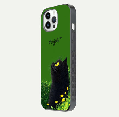 Emerald Cat Custom Name Glass Case for iPhone 14 Pro side-angle photo showing name clarity and glass reflection