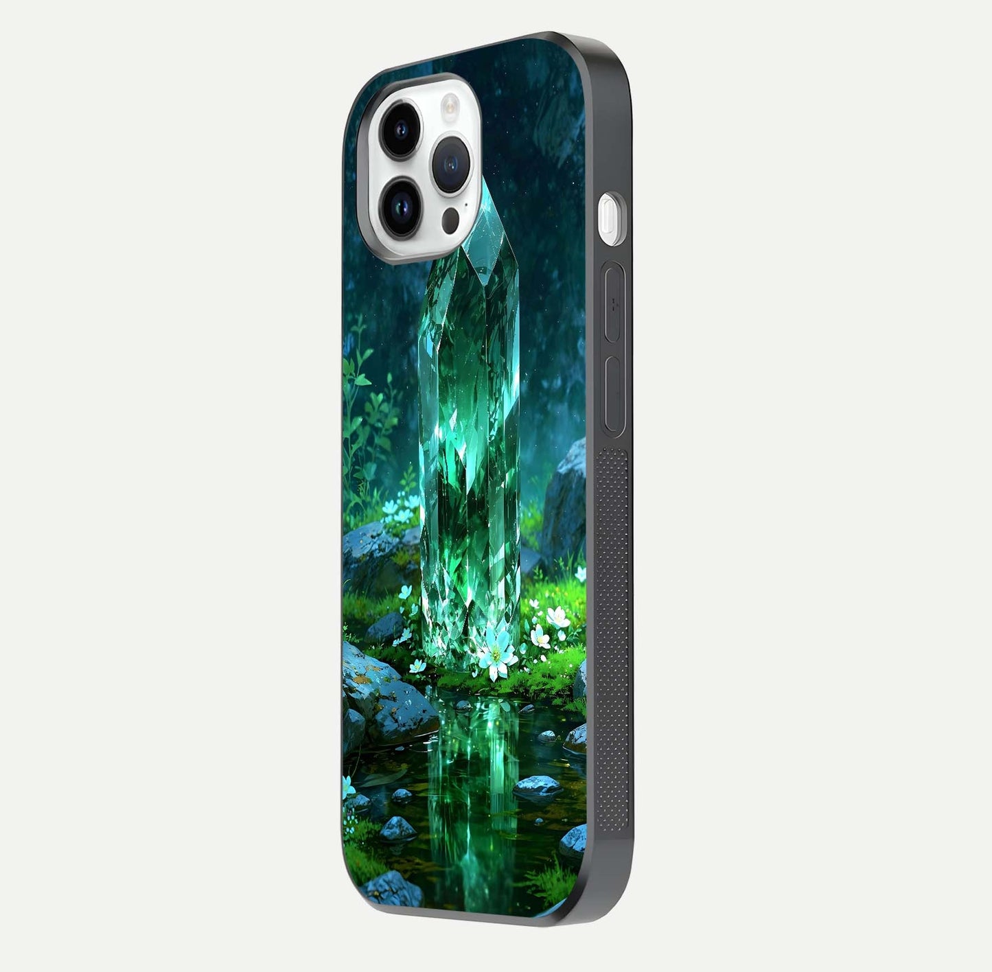 Emerald Light Crystal Glass Case for iPhone 14 Pro side-angle image showing gloss reflection and curved border