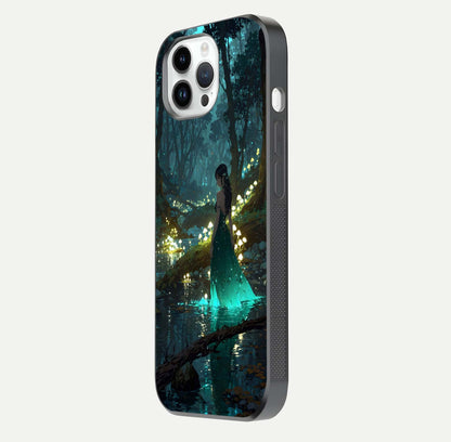 Enchanted Forest Glow Glass Case for iPhone 14 Pro side-angle image capturing shine reflection and rich detail