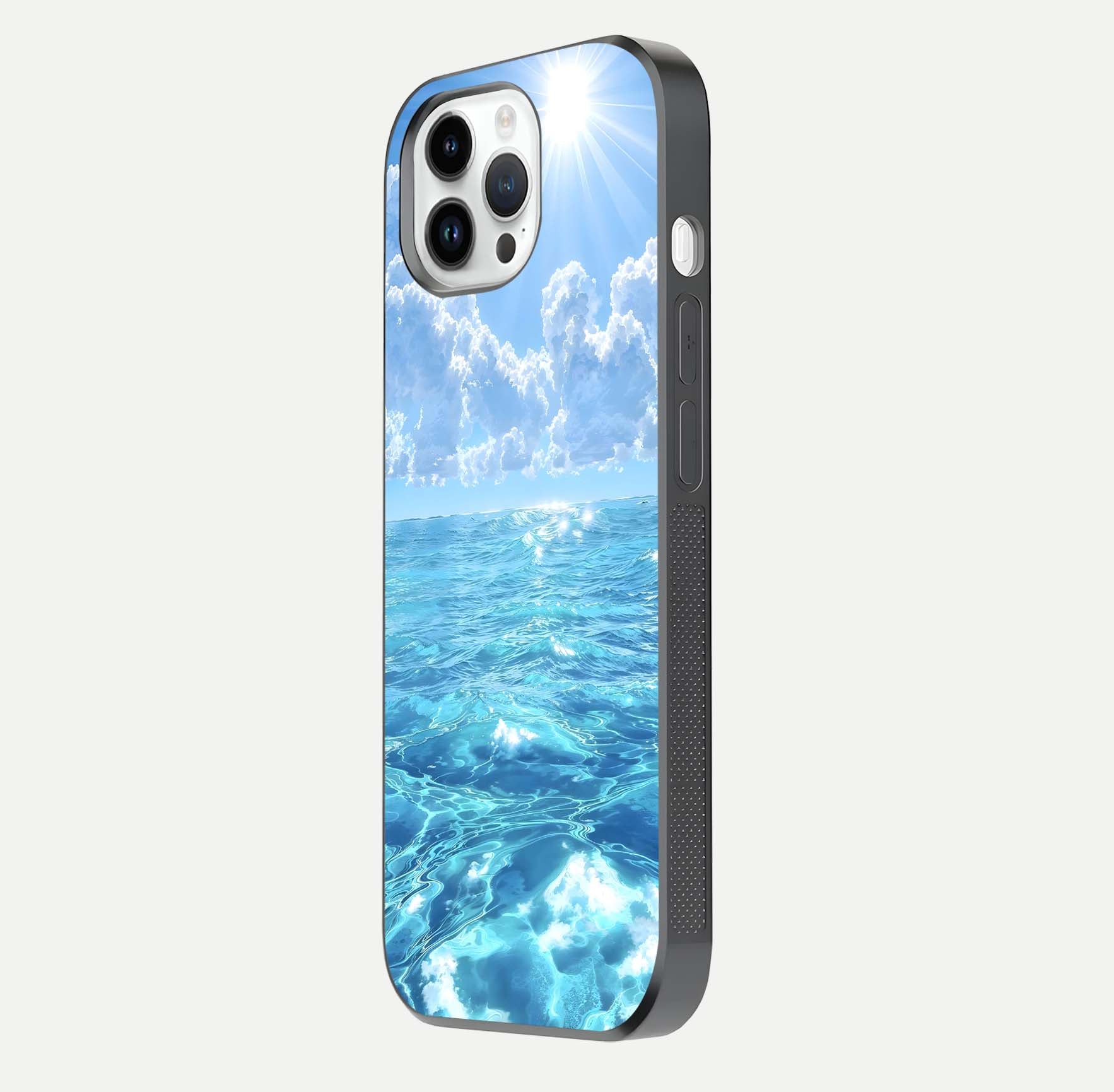 Endless Ocean Horizon Glass Case for iPhone 14 Pro side-angle photo showing reflection glow and wave tone