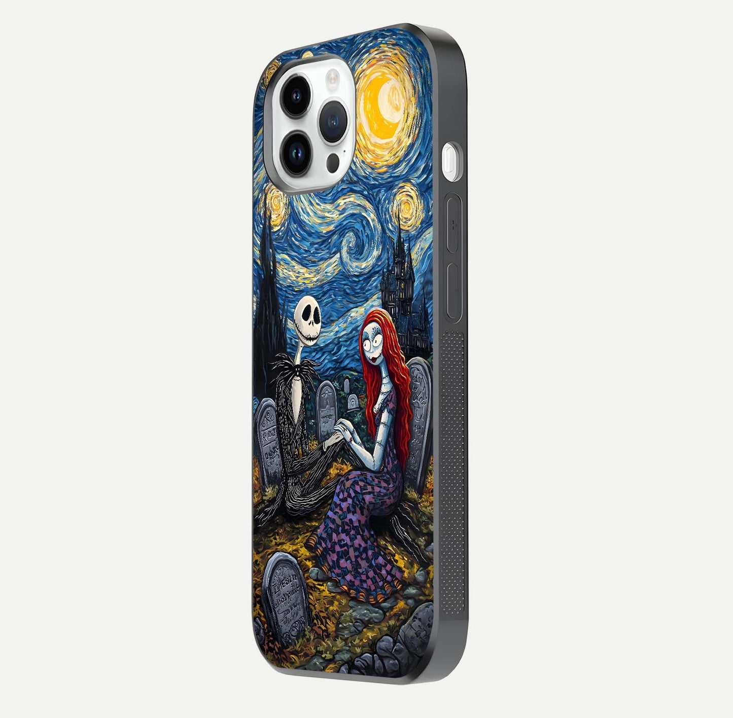 Eternal Night Love Glass Case for iPhone 14 Pro side-angle photo showing edge shine and soft reflection