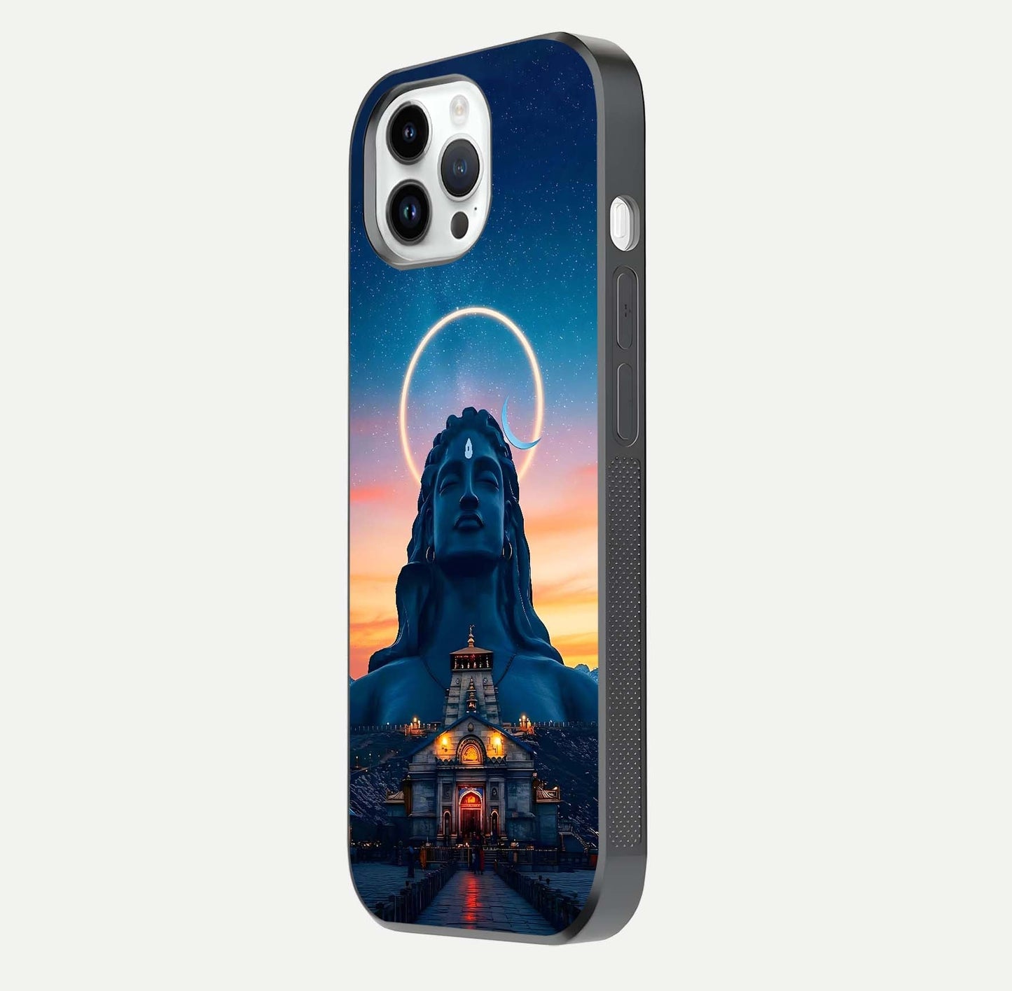 Eternal Shiva Aura Glass Case for iPhone 14 Pro side-angle image showing reflection clarity and rich tone