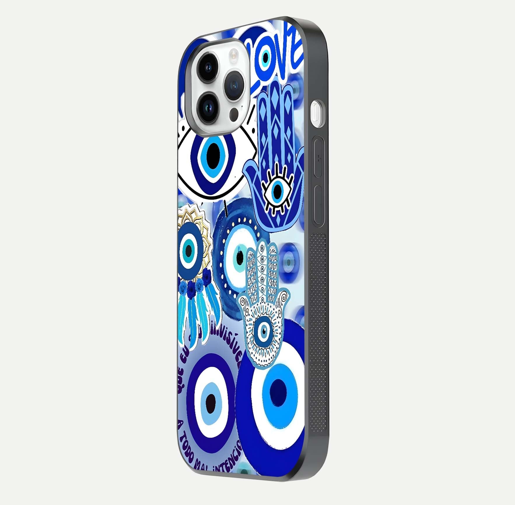 Evil Eyes Dream Glass Case for iPhone 14 Pro side-angle photo capturing smooth edges and reflective texture