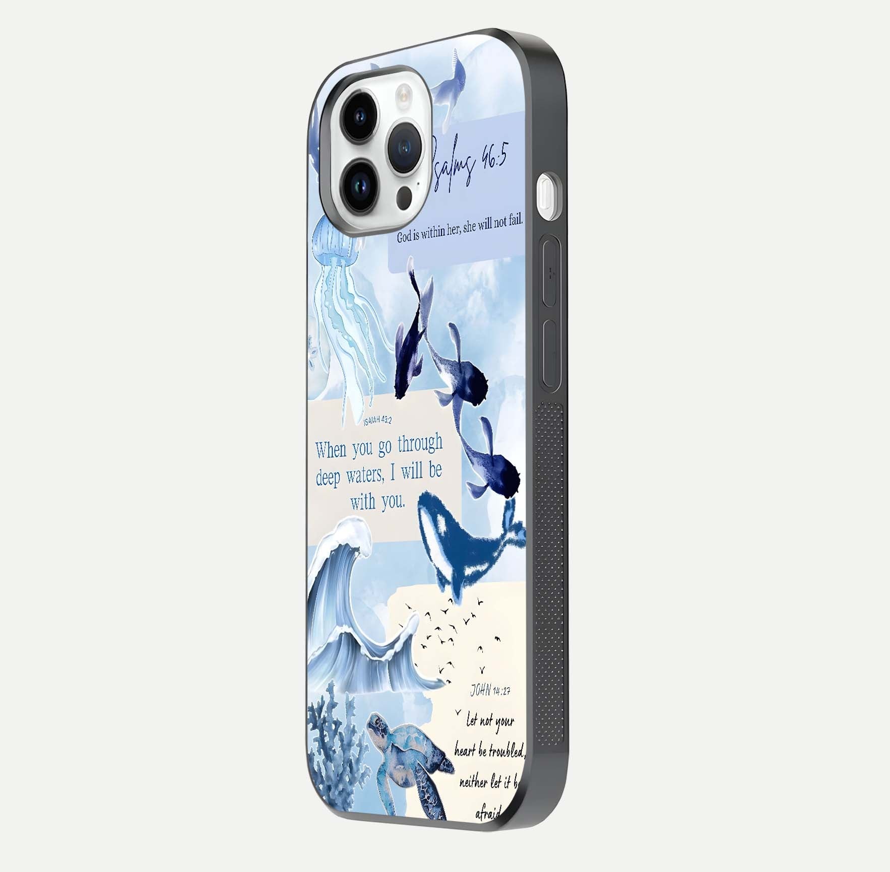 Faithful Ocean Promise Glass Case for iPhone 14 Pro side-angle photo showing reflection glow and color clarity