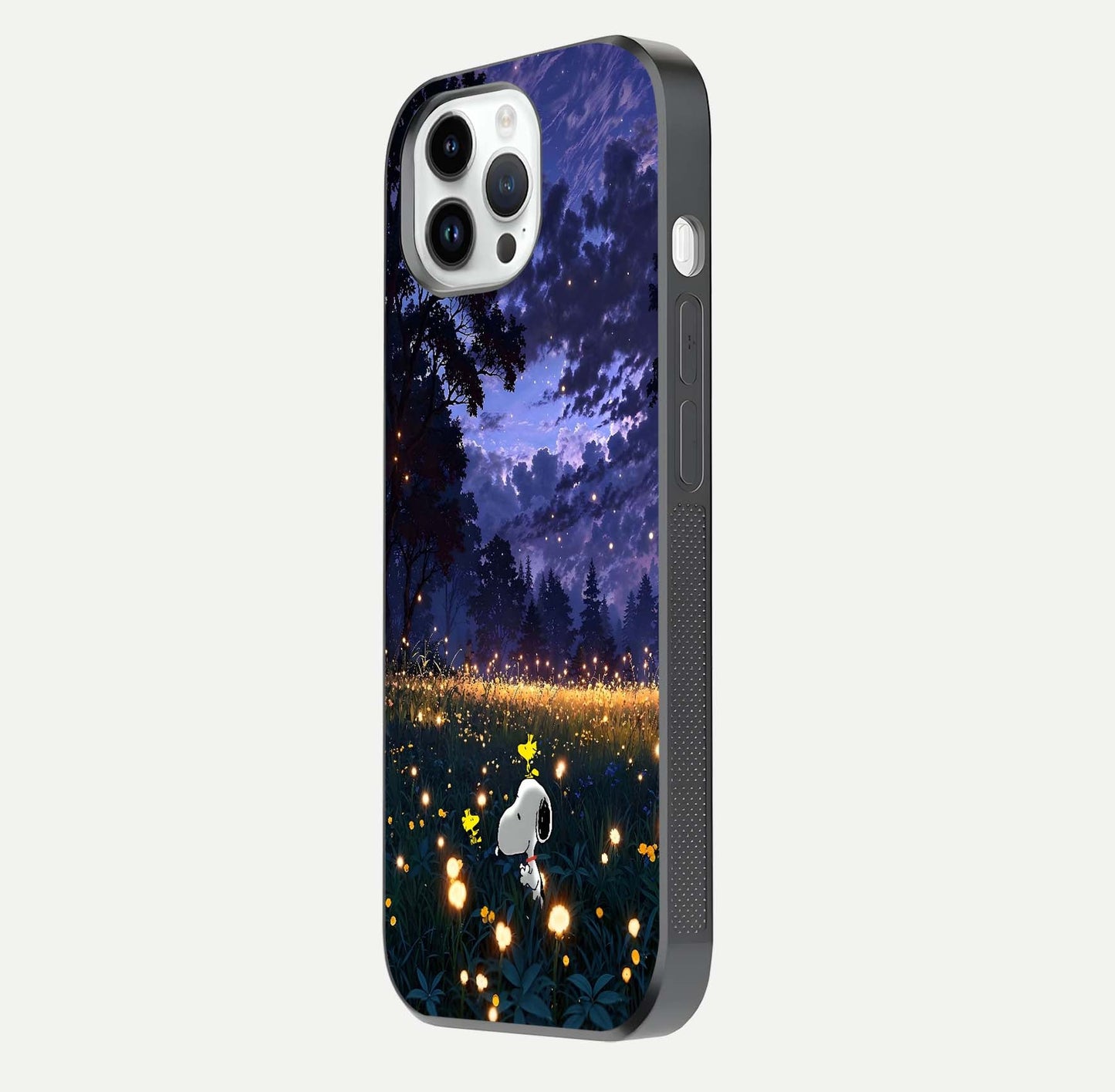 Firefly Meadow Magic Glass Case for iPhone 14 Pro side-angle image capturing glow reflection and fine texture