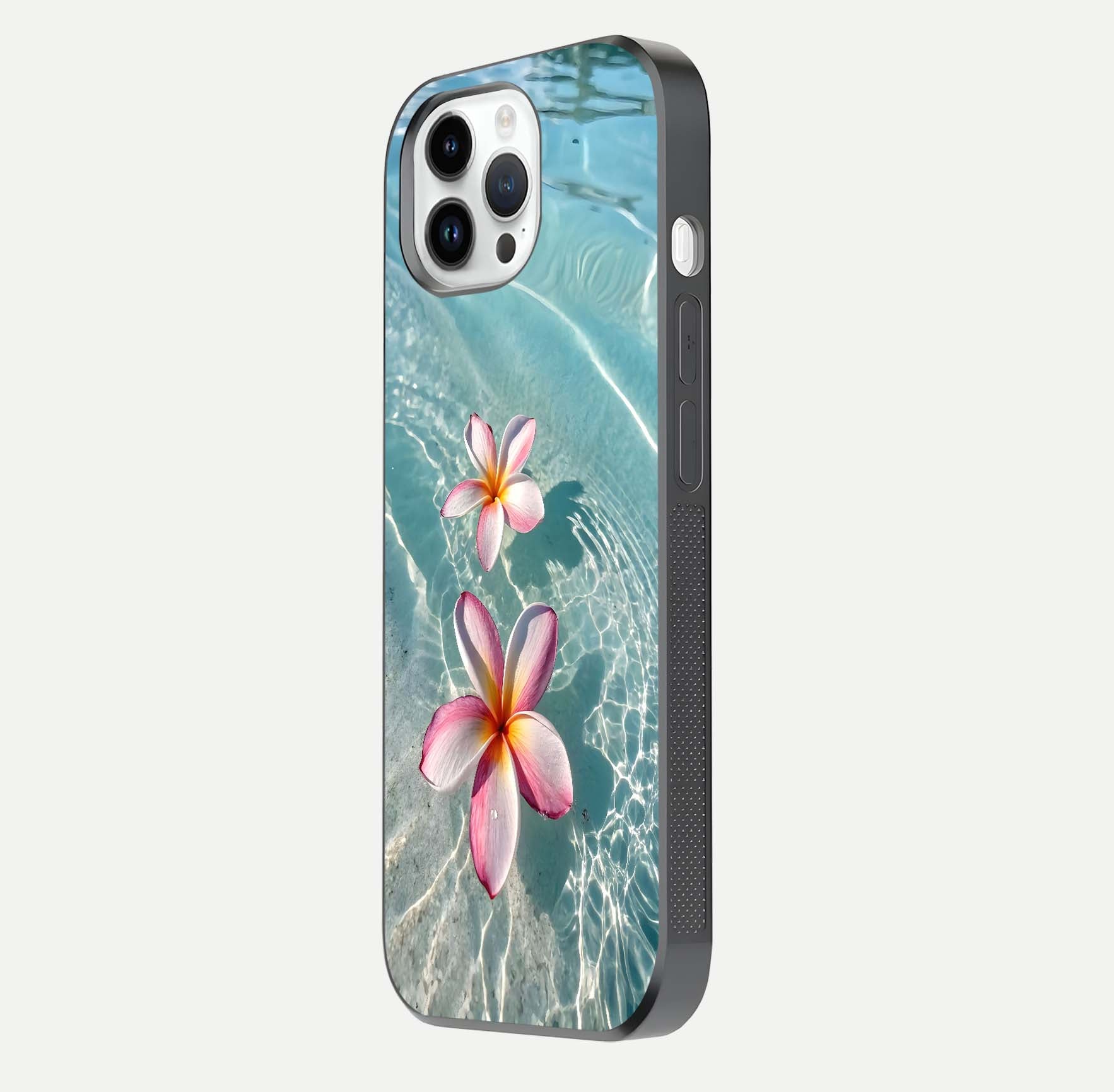 Floating Bloom Bliss Glass Case for iPhone 14 Pro side-angle photo showing smooth reflection and elegant curve