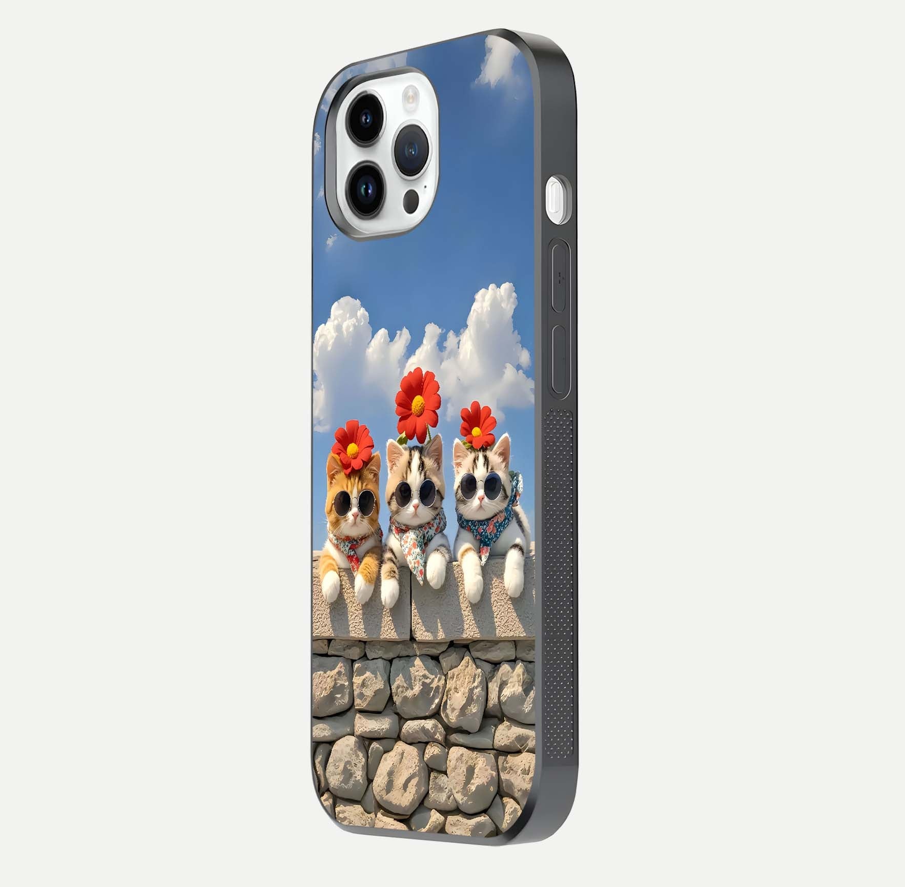 Floral Kitty Squad Glass Case for iPhone 14 Pro side-angle photo showing reflection glow and polished surface