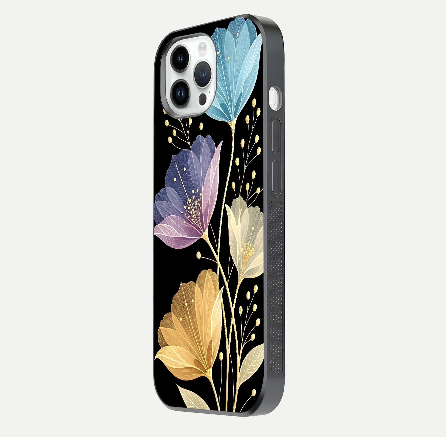 Flower Bloom Glow Glass Case for iPhone 14 Pro side-angle image capturing gloss reflection and flower glow