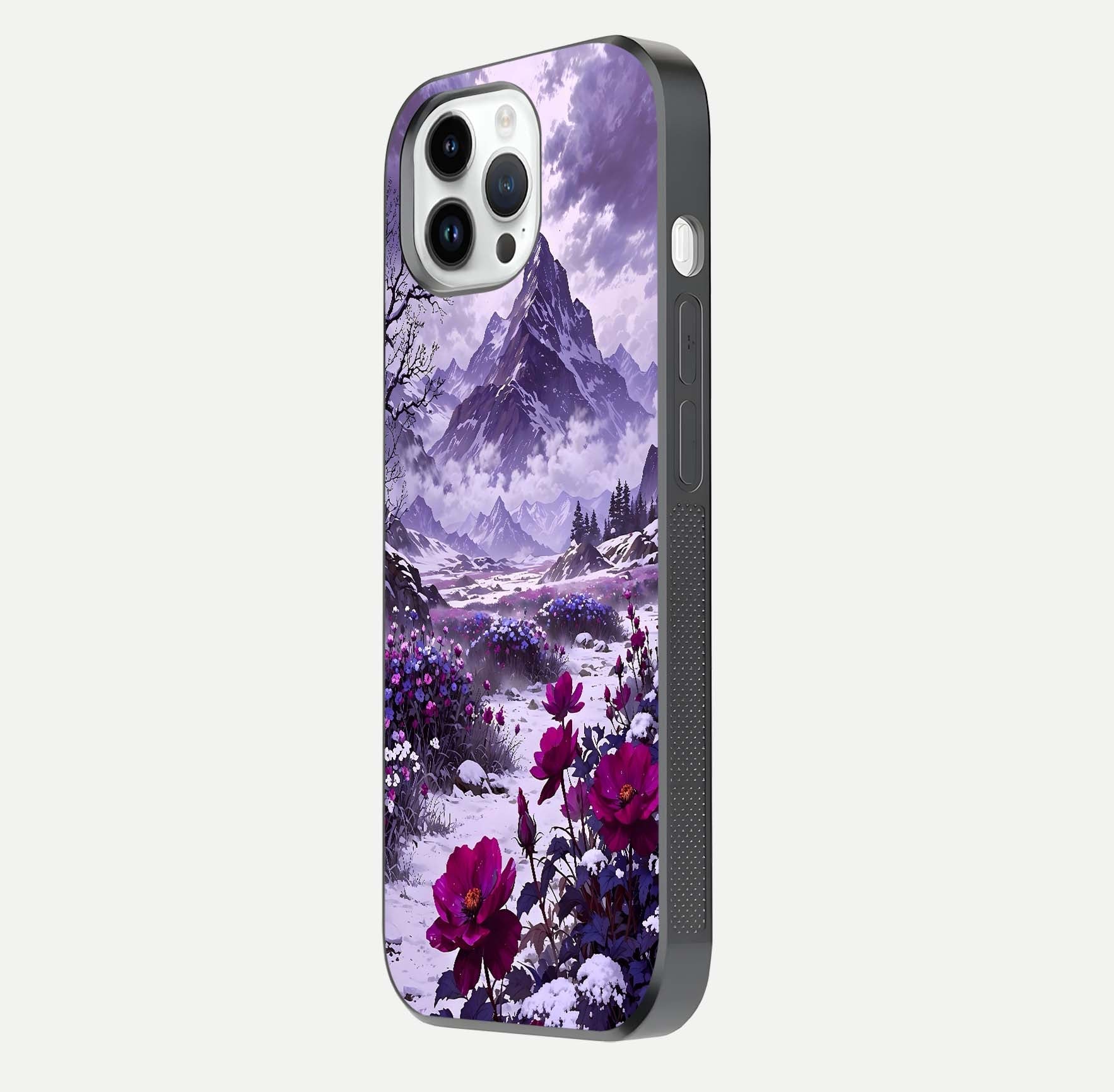 Flower Mountain View Glass Case for iPhone 14 Pro side-angle image showing gloss polish and smooth edge