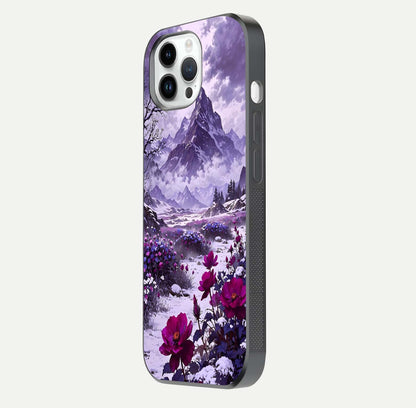 Flower Mountain View Glass Case for iPhone 14 Pro side-angle image showing gloss polish and smooth edge